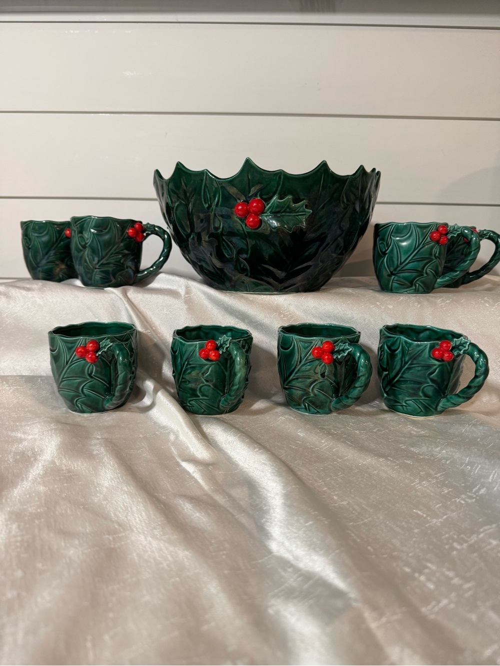 Vintage Lefton - Green Holly Leaf Punch Bowl Set with Red Berry Accents